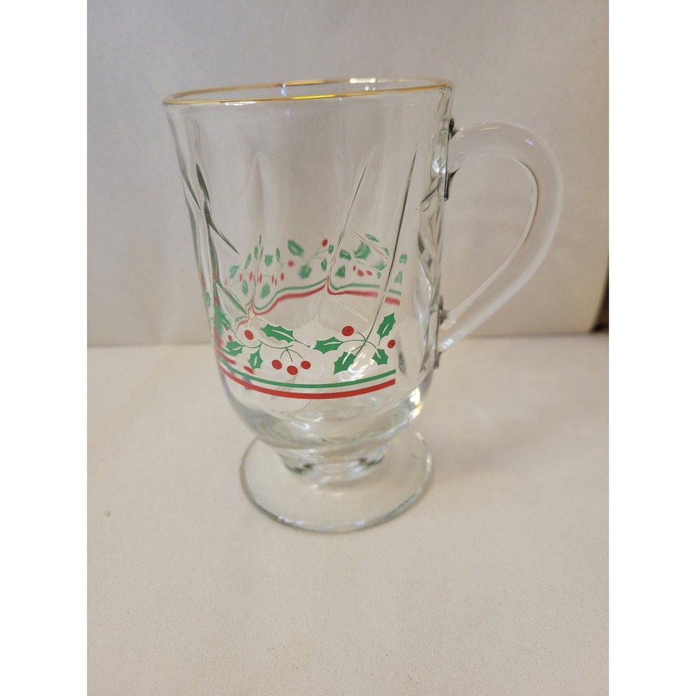 Arbys Libbey Holly Berry Irish Coffee Christmas Mug Gold Rim Vintage Glass Mug